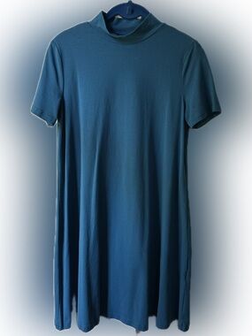 Cute Mock-neck Short-Sleeve Mini Trapeze Dress in Teal Blue